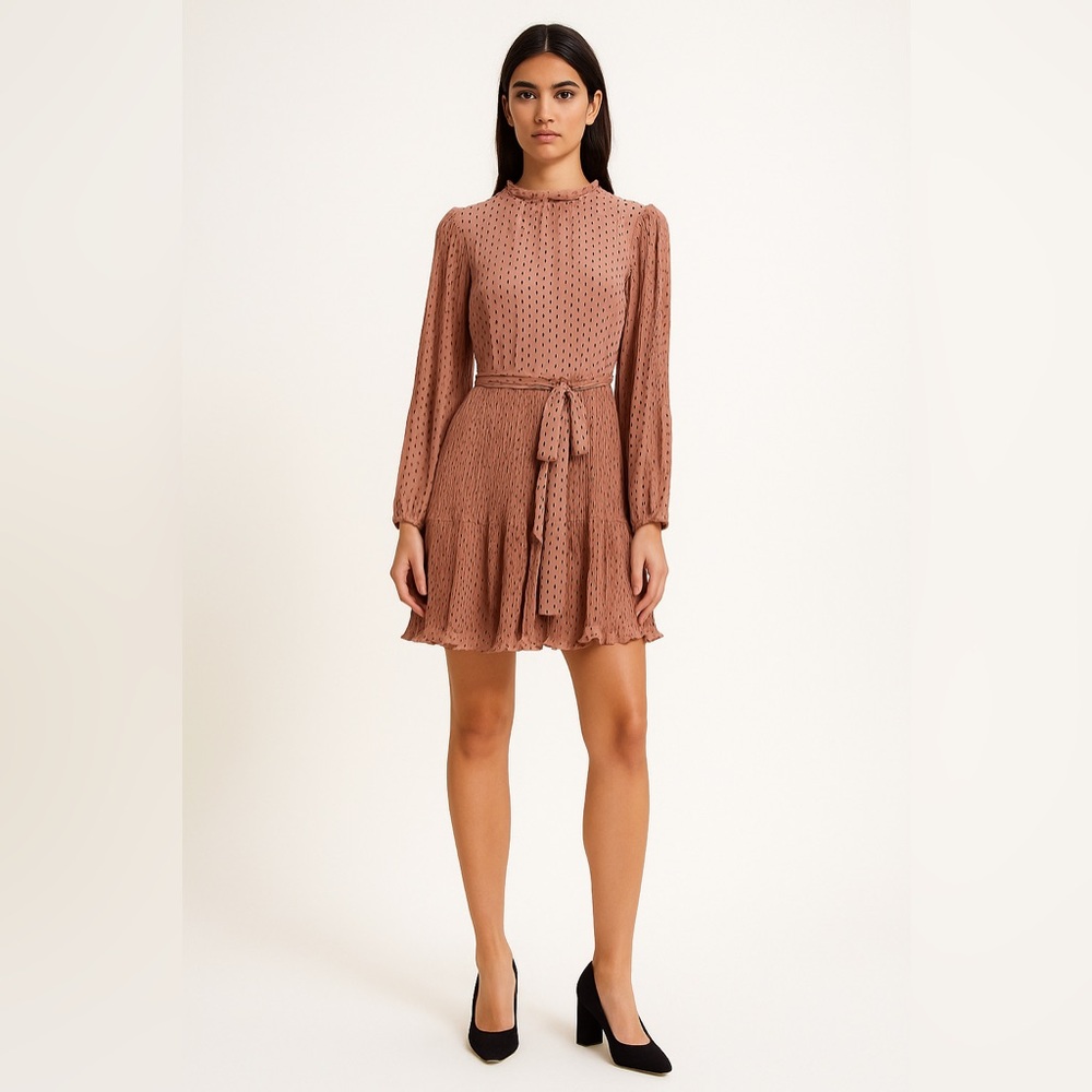 Liza Byrd Tan Polka Dot Long Sleeve Dress
